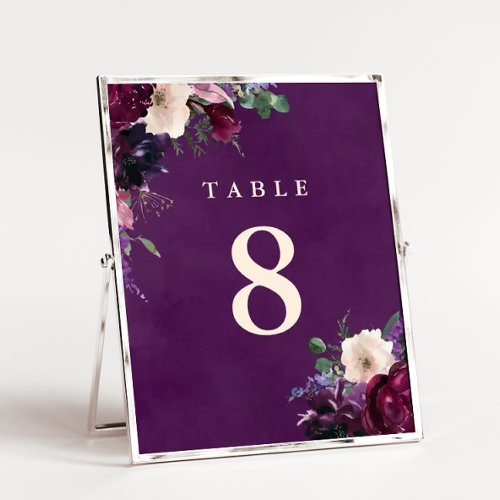 Eggplant Purple Floral Wedding Table Number