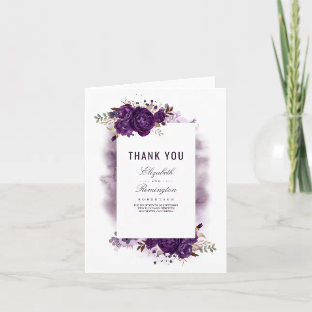 Eggplant Purple Floral Wedding Thank You Card | Zazzle