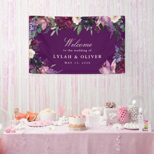 Eggplant Purple Floral Wedding Welcome Banner