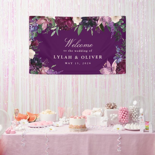 Eggplant Purple Floral Wedding Welcome Banner (Party)