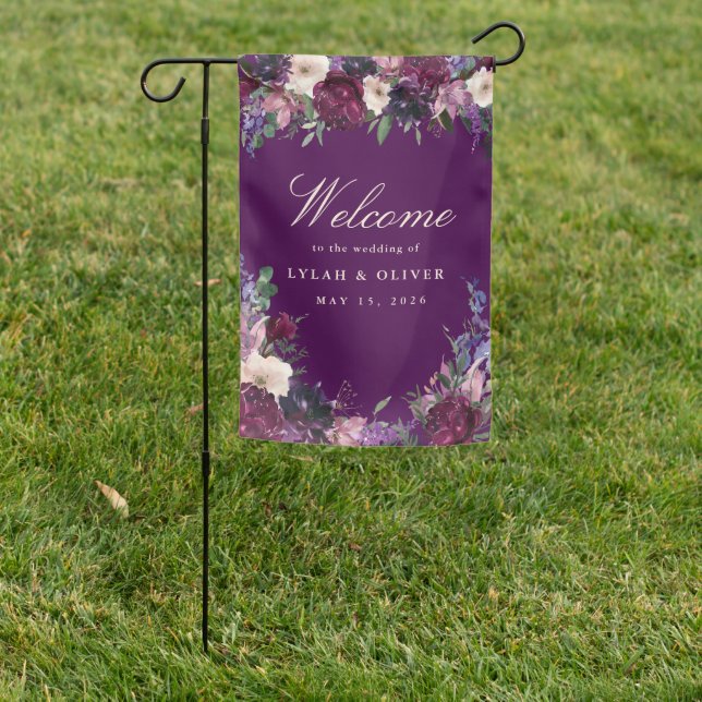 Eggplant Purple Floral Wedding Welcome Banner Garden Flag (In SItu)