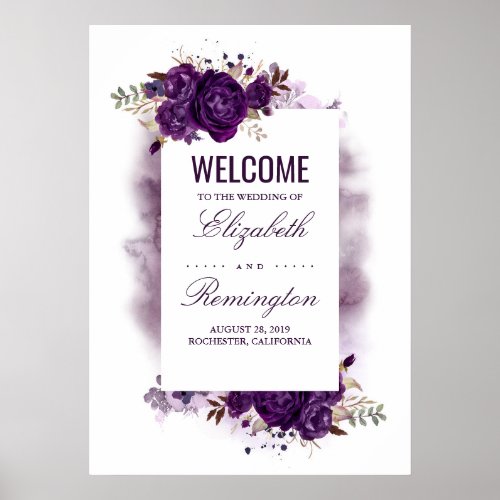 Eggplant Purple Floral Wedding Welcome Sign