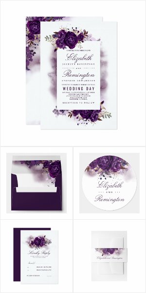 Eggplant Purple Flowers Wedding Invitation Set