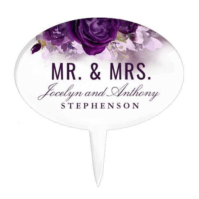 Eggplant Purple Flowers Elegant Wedding Cake Topper (Front)