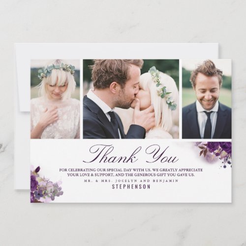 Eggplant Purple Flowers Wedding 3 Photos Thank You Card