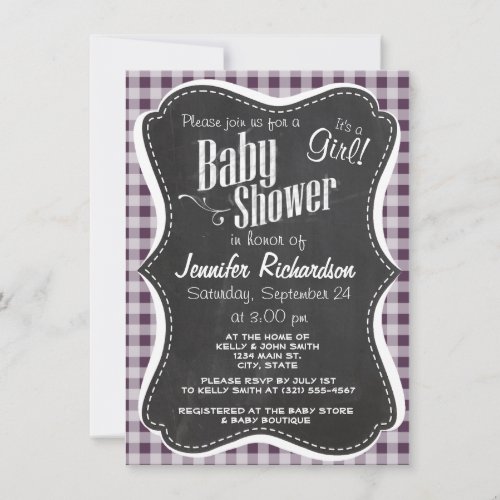 Eggplant Purple Gingham; Chalkboard look Personalized Invitation