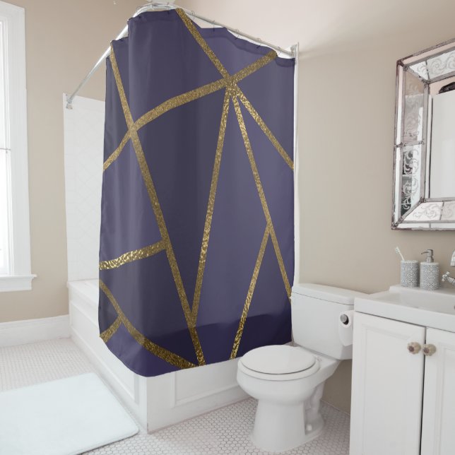 Eggplant Purple Gold Bronze Geometric Glam Chic Shower Curtain (In Situ)