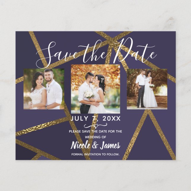 Eggplant Purple Gold Bronze Geometric Save Date (Front)
