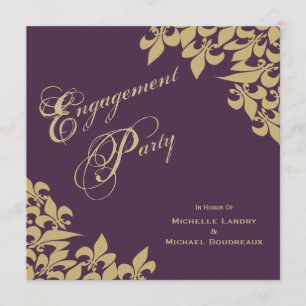 Eggplant Purple Gold Fleur de Lis Engagement Party Invitation