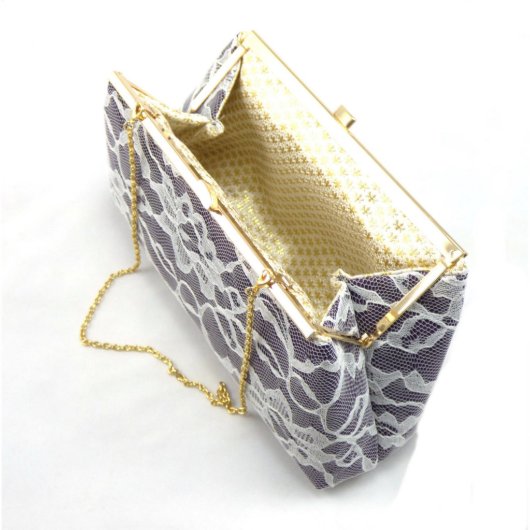 Eggplant Purple, Ivory Lace And Gold Flake Clutch (Inside)