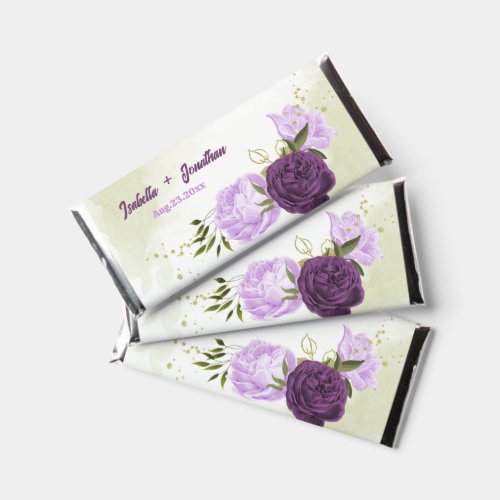 Eggplant purple lilac flowers greenery hershey bar favors