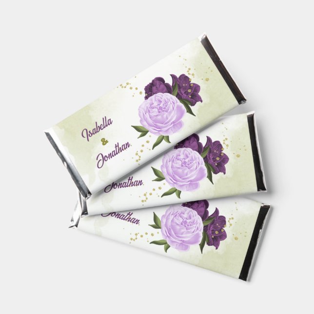 Eggplant purple lilac flowers greenery hershey bar favors (Front)
