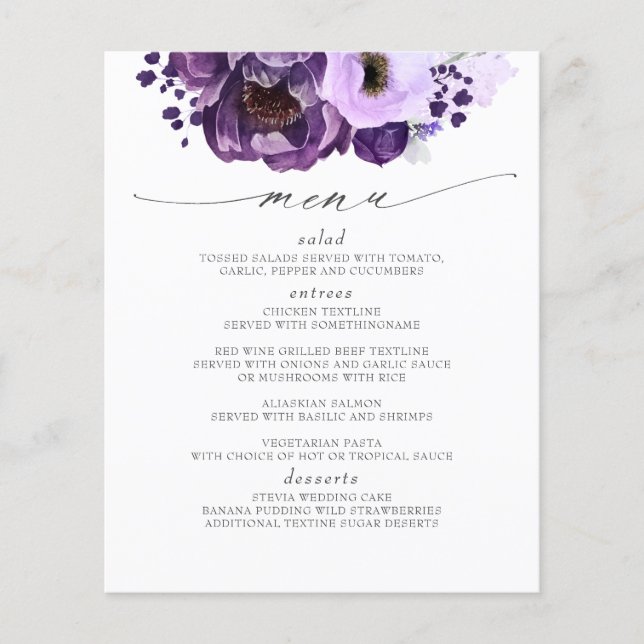 Eggplant Purple Modern Boho Wedding Menu Flyer (Front)