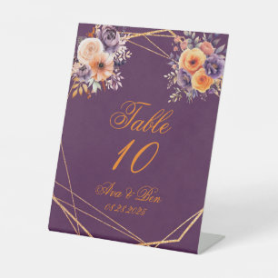 Eggplant Purple Orange Floral Wedding Table Number Pedestal Sign