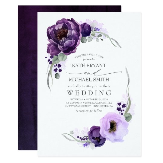 Eggplant Purple Peony and Greenery Silver Wedding Invitation | Zazzle.com