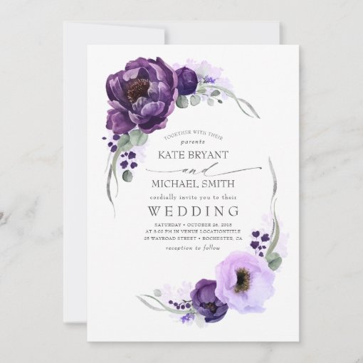 Eggplant Purple Peony and Greenery Silver Wedding Invitation | Zazzle