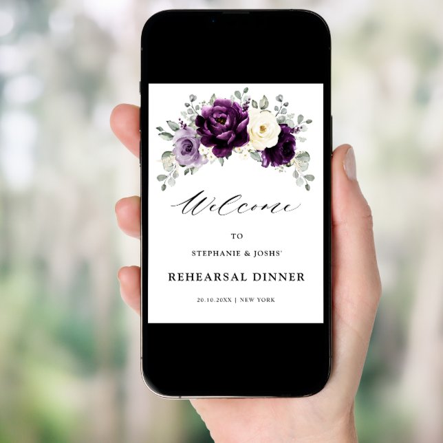 Eggplant Purple Plum Boho Rehearsal Dinner Welcome Poster (Front Digital)