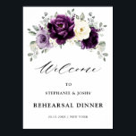Eggplant Purple Plum Boho Rehearsal Dinner Welcome Poster<br><div class="desc">Elegant floral midsummer wedding rehearsal dinner welcome poster features a bouquet of watercolor roses peonies in shades of purple plum, champagne ivory floral and sage , lush green botanical eucalyptus leaves. Please find more matching designs and variations from my "blissweddingpaperie" store. And feel free to contact me for further customization...</div>
