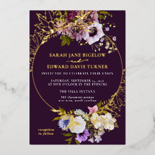 Eggplant Purple Plum Floral Foil Invitation
