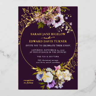 Eggplant Purple Plum Floral Foil Invitation