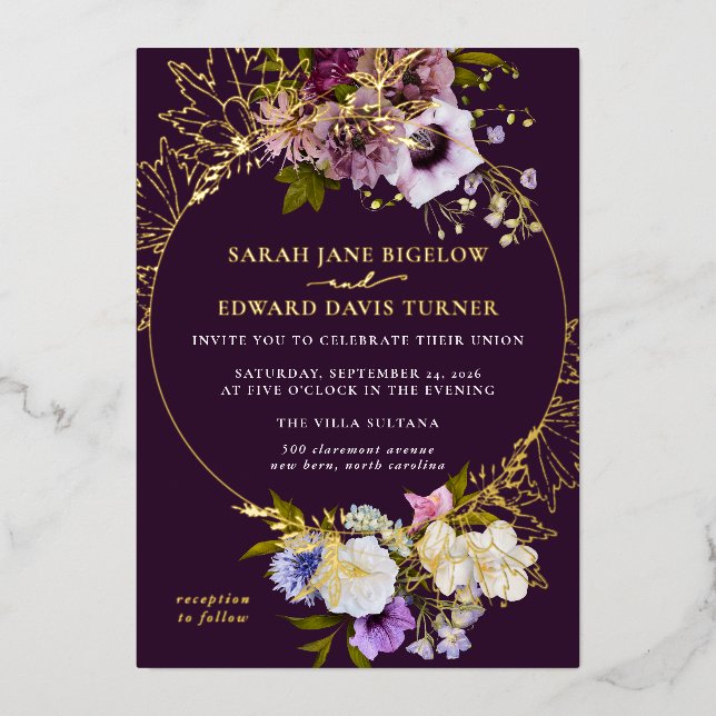 Eggplant Purple Plum Floral Foil Invitation (Front)