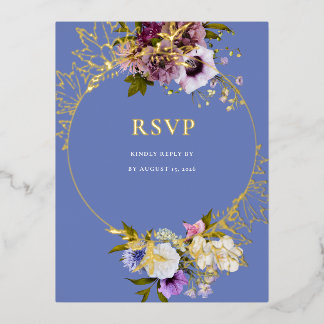 Eggplant Purple Plum Floral RSVP Foil Invitation Postcard