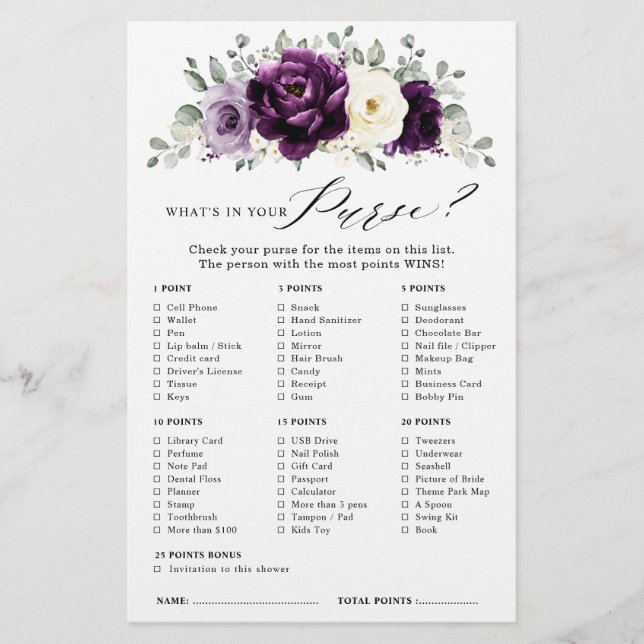 Eggplant Purple Plum Ivory Boho Bridal Shower Game (Front)