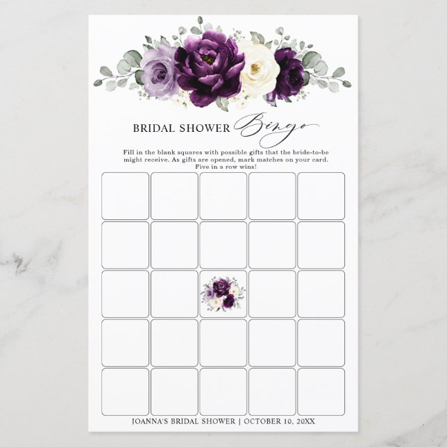 Eggplant Purple Plum Ivory  Bridal Shower Bingo (Front)
