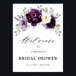 Eggplant Purple Plum Ivory Bridal Shower Welcome   Poster<br><div class="desc">Elegant floral midsummer bridal shower welcome poster features a bouquet of watercolor roses peonies in shades of purple plum, champagne ivory floral and sage , lush green botanical eucalyptus leaves. Please find more matching designs and variations from my "blissweddingpaperie" store. And feel free to contact me for further customization or...</div>