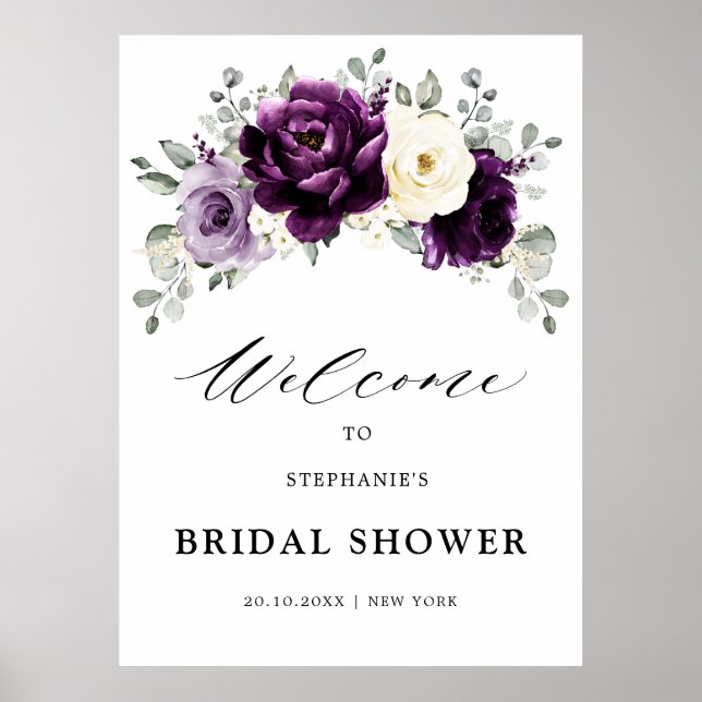 Eggplant Purple Plum Ivory Bridal Shower Welcome   Poster (Front)