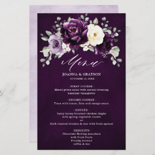 Eggplant Purple Plum Ivory Floral Wedding Menu