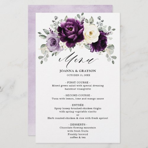 Eggplant Purple Plum Ivory Floral Wedding Menu