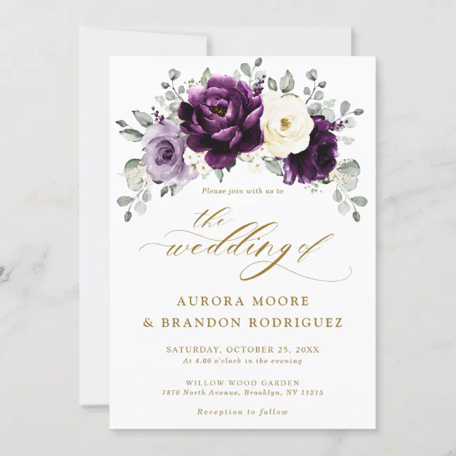 Eggplant Purple Plum Ivory Gold Floral Wedding Invitation | Zazzle