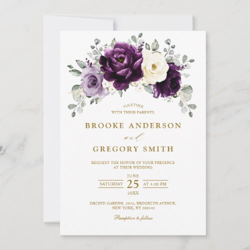 Eggplant Purple Plum Ivory Gold Floral Wedding Invitation