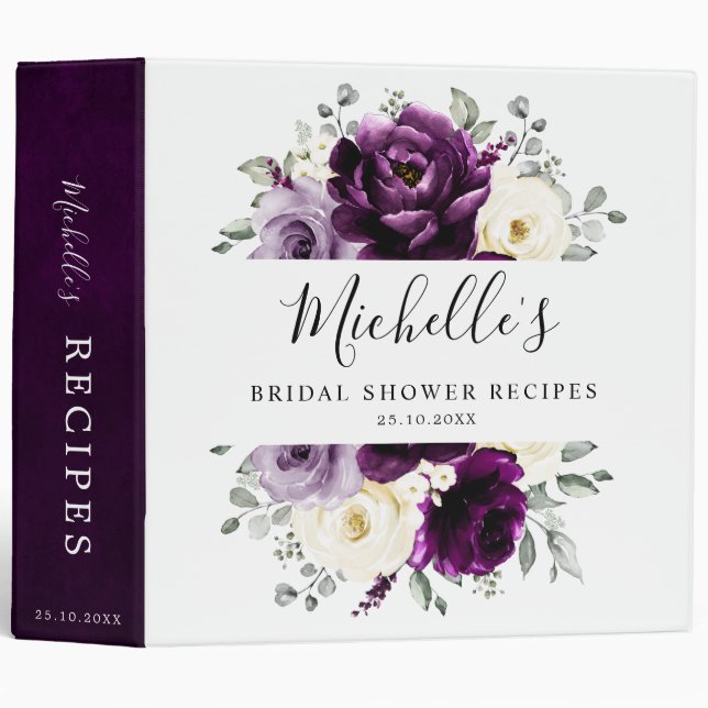 Eggplant Purple Plum Ivory White Bridal Shower 3 Ring Binder (Front/Spine)