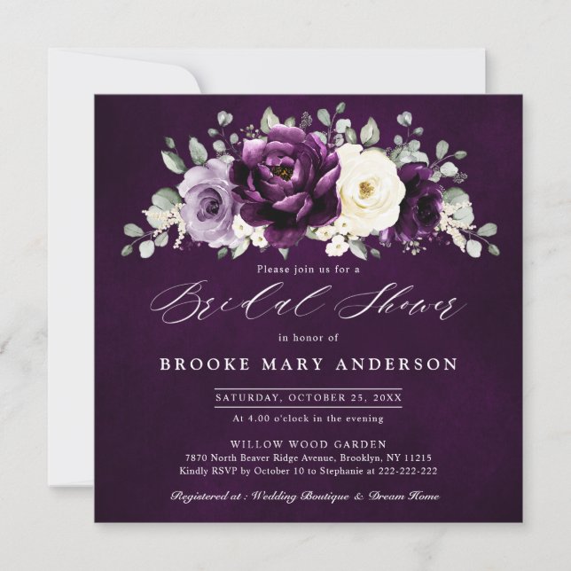 Eggplant Purple Plum Ivory White  Bridal Shower In Invitation (Front)