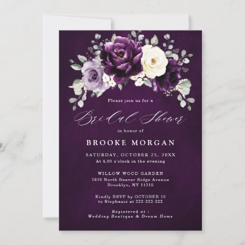 Eggplant Purple Plum Ivory White  Bridal Shower In Invitation