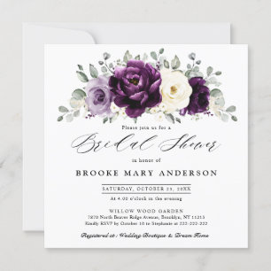 Eggplant Purple Plum Ivory White Bridal Shower Invitation