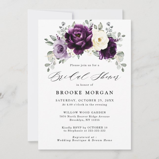 Eggplant Purple Plum Ivory White  Bridal Shower Invitation (Front)