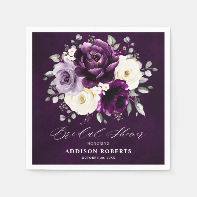 Eggplant Purple Plum Ivory White Bridal Shower  Na Napkins (Front)