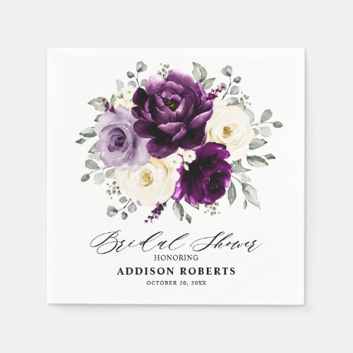 Eggplant Purple Plum Ivory White Bridal Shower Napkins