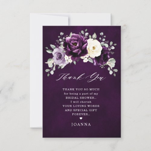 Eggplant Purple Plum Ivory White Bridal Shower     Thank You Card
