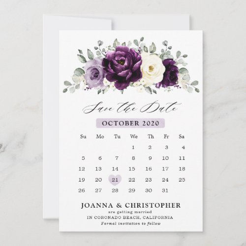 Eggplant Purple Plum Ivory White Floral Calendar Save The Date