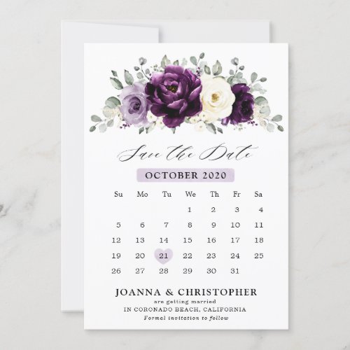 Eggplant Purple Plum Ivory White Floral Calendar Save The Date