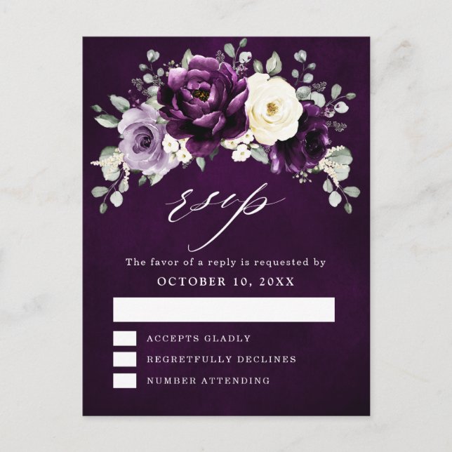 Eggplant Purple Plum Ivory White Floral RSVP Postc Postcard (Front)