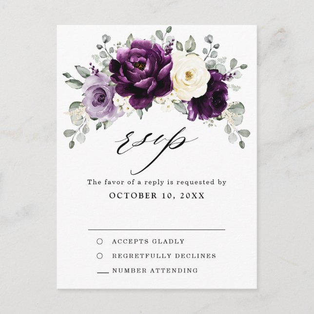 Eggplant Purple Plum Ivory White Floral RSVP Postcard (Front)
