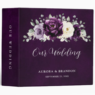 Eggplant Purple Plum Ivory White Floral Wedding 3 Ring Binder