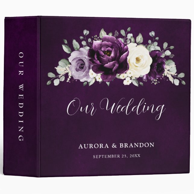 Eggplant Purple Plum Ivory White Floral Wedding 3  Ring Binder (Front/Spine)
