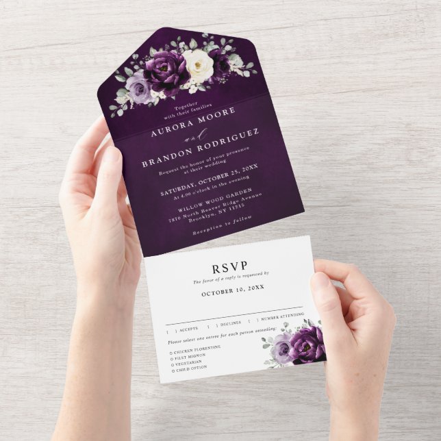 Eggplant Purple Plum Ivory White Floral Wedding Al All In One Invitation (Tearaway)