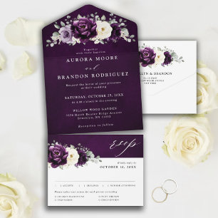 Eggplant Purple Plum Ivory White Floral Wedding Al All In One Invitation